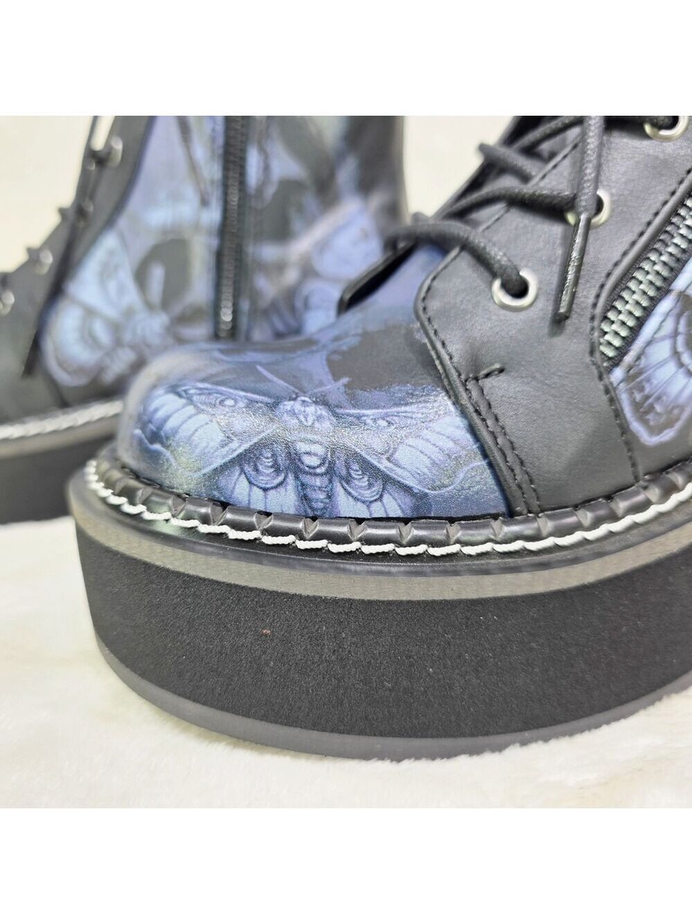 NIB NEW DEMONIA Emily Death Moth Skull Graphic Platform Goth Punk Mid Calf Boots - Picture 15 of 16